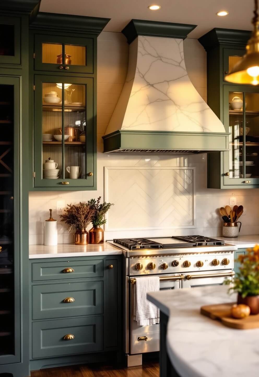 Golden hour view of traditional kitchen with hunter green cabinets, brass hardware, cream limestone counters, herringbone marble backsplash, custom range hood, built-in wine storage, warm sconce lighting, and decor of copper pots and dried herbs.