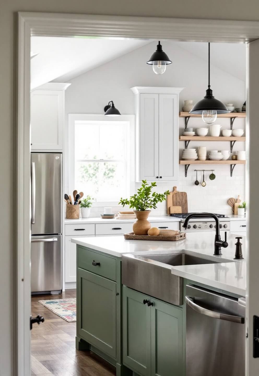 Bright modern farmhouse kitchen with sage green lower cabinets, white upper cabinets, white oak open shelves, an 8ft island, aged brass faucet, black iron pendants, and earthenware collection, under vaulted ceiling and bathed in natural light.