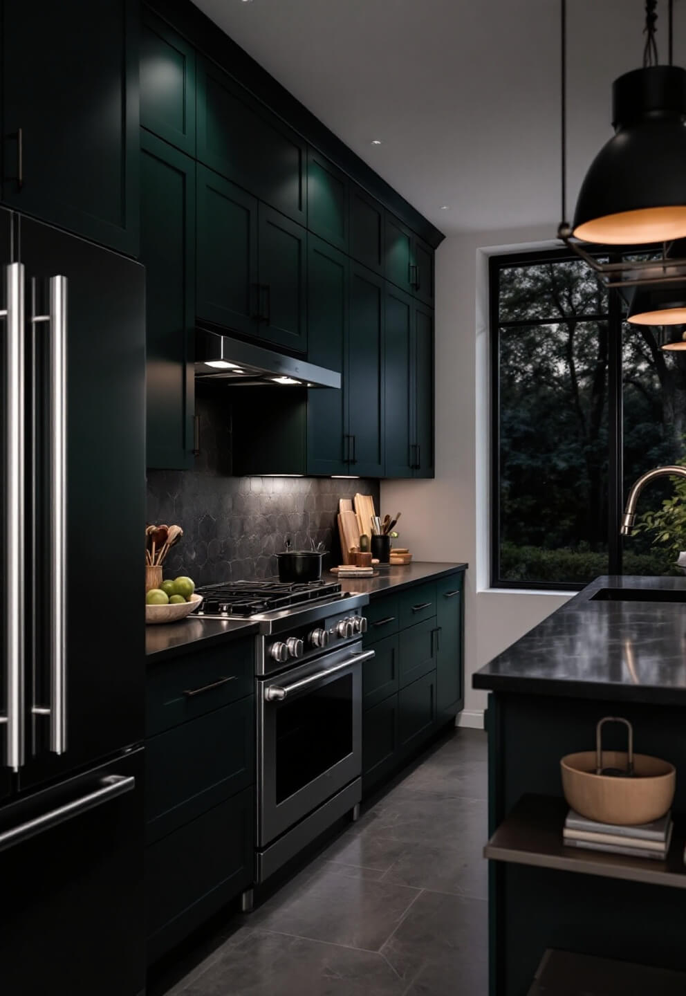 Moody evening view of a professional-style kitchen with forest green cabinets, black soapstone counters, stainless steel shelves, accent lighting, and minimal hardware