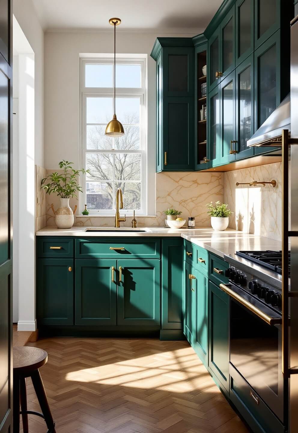 Bright morning light illuminating a spacious, 13x15ft corner kitchen with 10ft ceilings, featuring emerald green base cabinets, glass-front upper units, Calacatta gold marble counters and full-height backsplash along with antique brass hardware and fixtures, captured from an elevated angle.