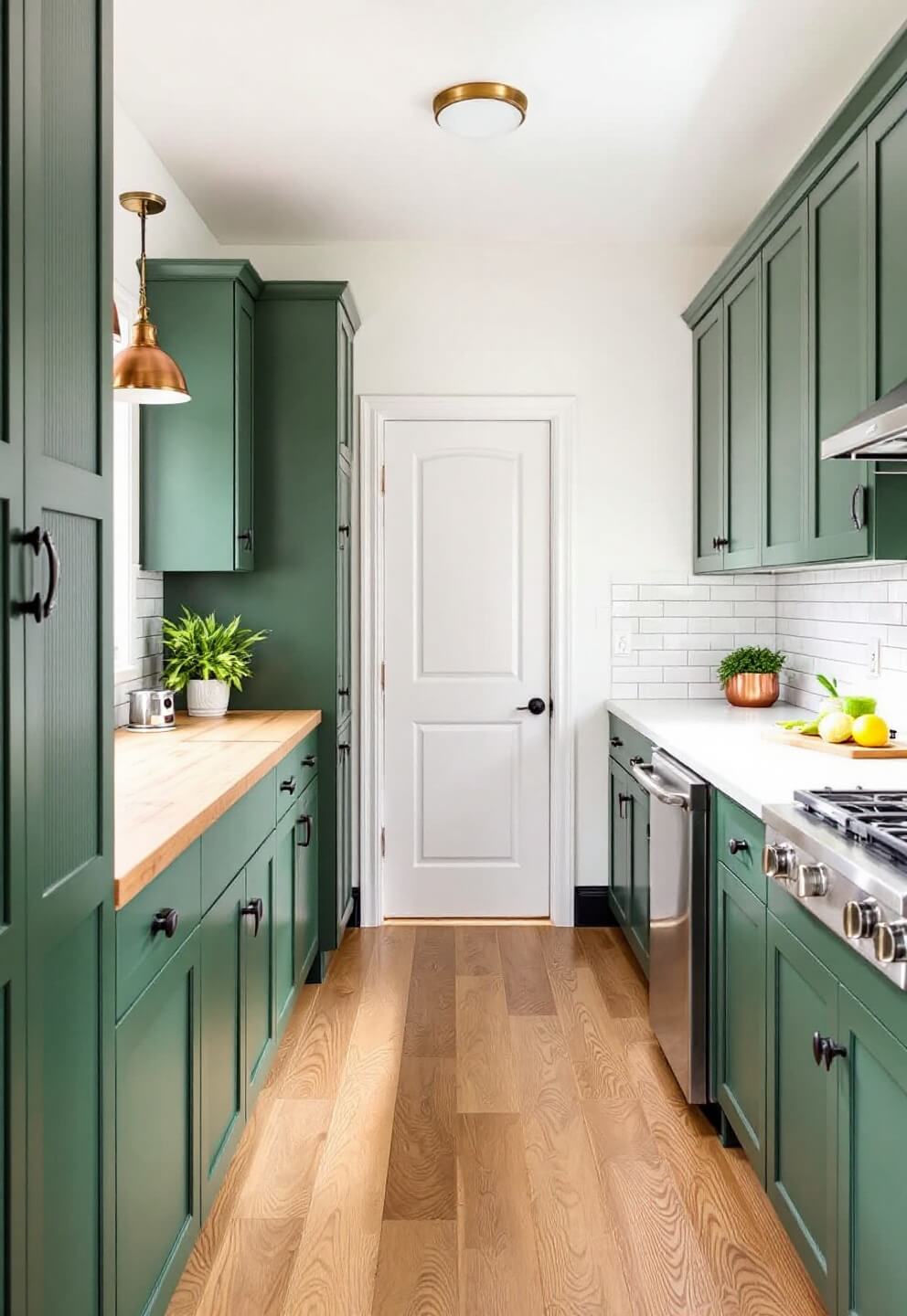 Galley kitchen featuring hunter green cabinets, butcher block counters, subway tile backsplash, vintage pendants, copper cookware, and herbs under natural daylight