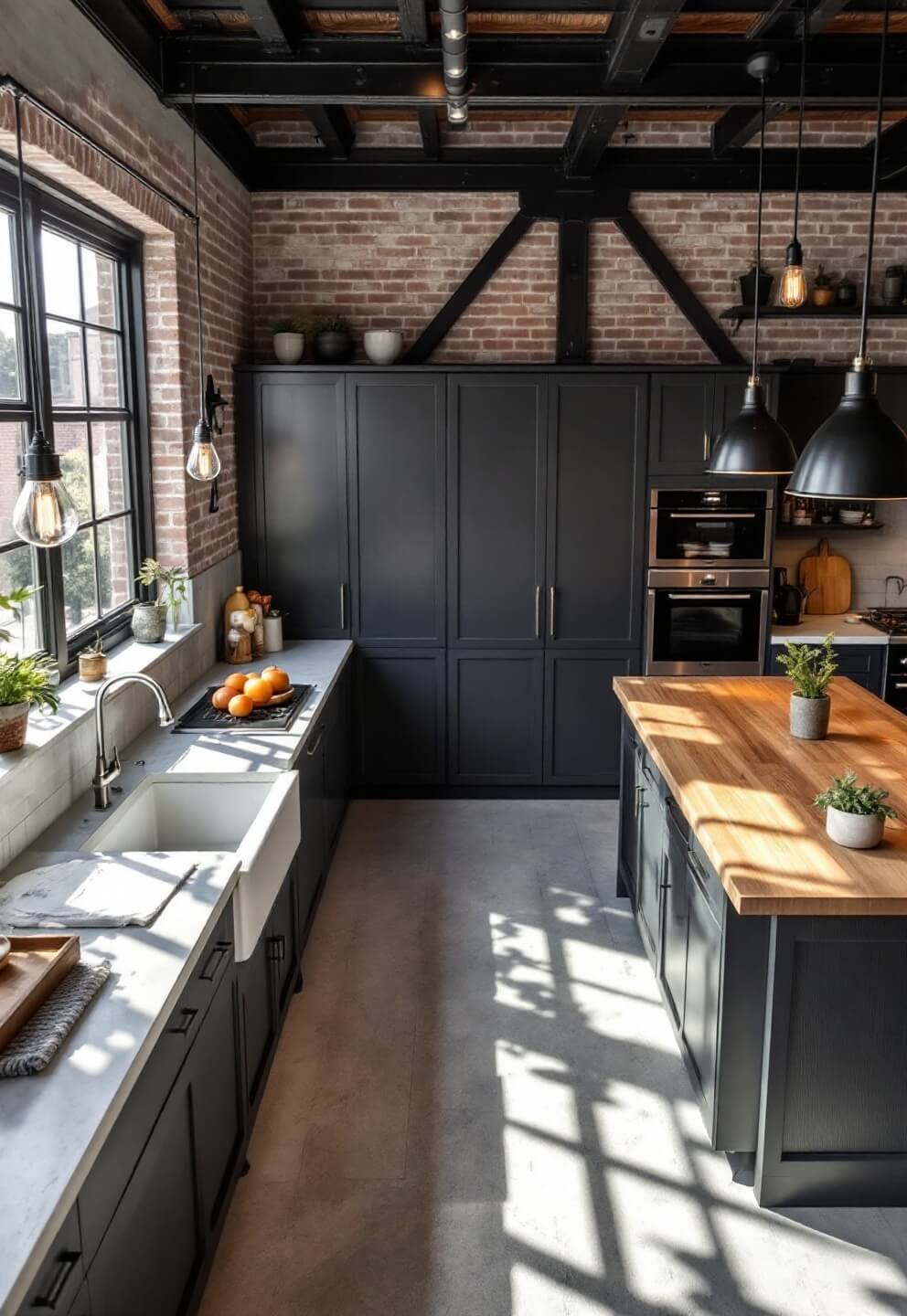 High-angle view of industrial-chic kitchen with dark gray cabinets, polished concrete counters, exposed brick wall, black steel-framed windows, pendant lights with Edison bulbs, and a butcher block island in afternoon light.