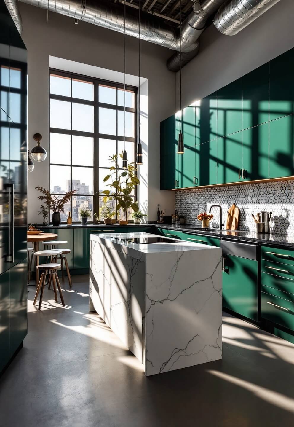 Contemporary open-concept kitchen with glossy dark green cabinets, a waterfall quartz island, black granite counters, and geometric tile feature wall, bathed in dramatic afternoon shadows