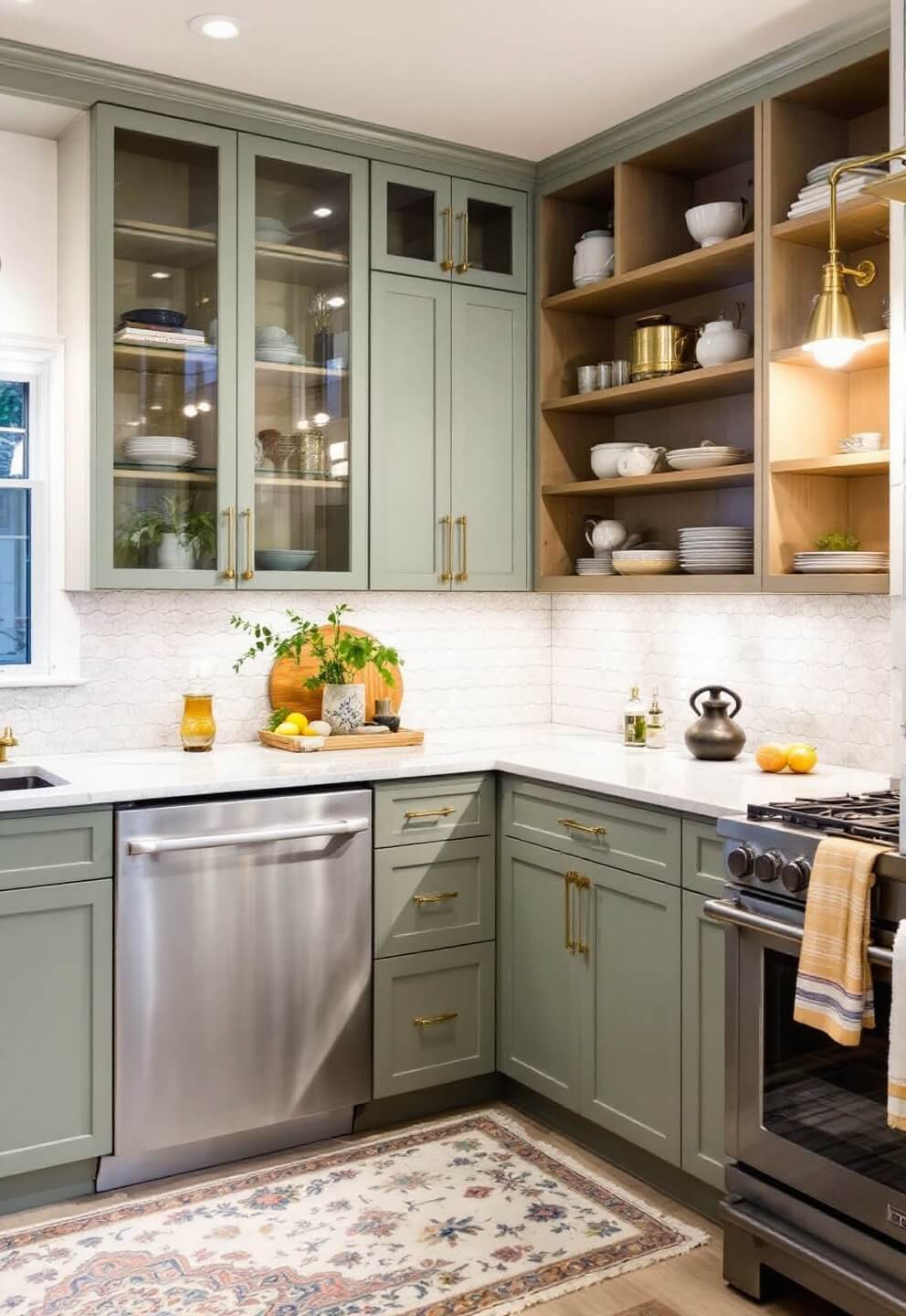 Transitional kitchen with sage green cabinetry, honed marble counters, arabesque tile backsplash, brass library lights, and vintage rugs shot at dusk from a corner angle