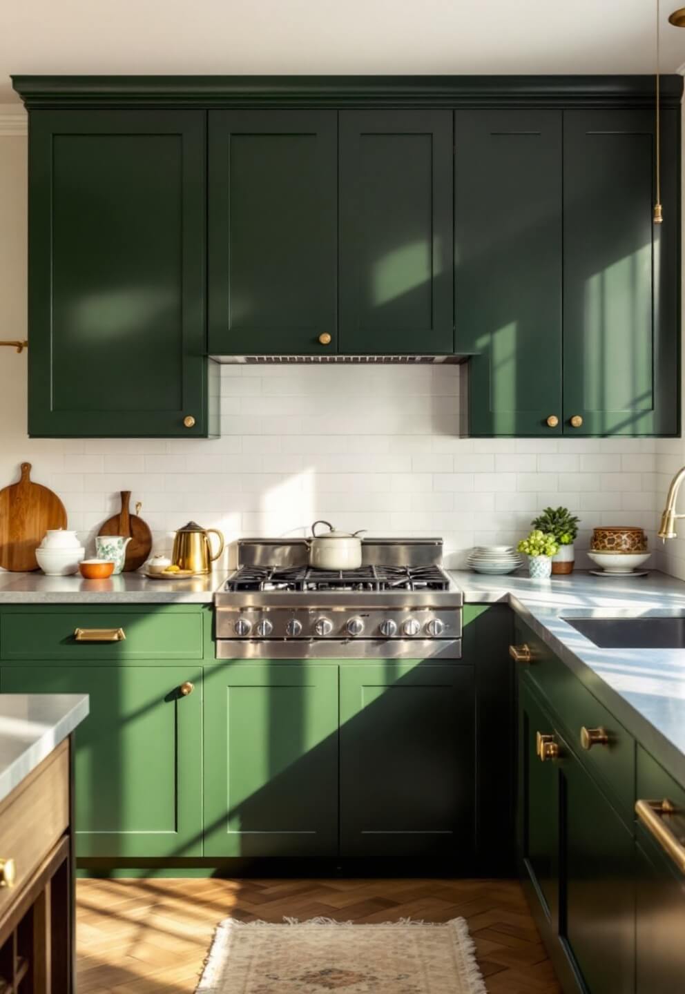 Modern heritage kitchen with forest green lower cabinets, cream upper units, zinc countertops, traditional brass pulls and latches, decorated with collected ceramics in an evening light ambiance.