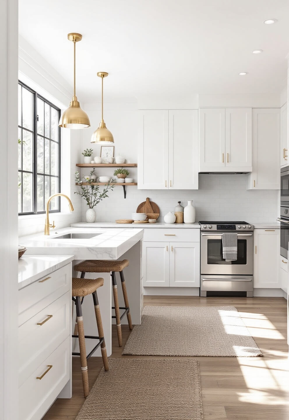 Modern white kitchen with marble countertops, brushed gold hardware, sunlight streaming through large windows, and textured decor including woven bar stools and a jute rug.