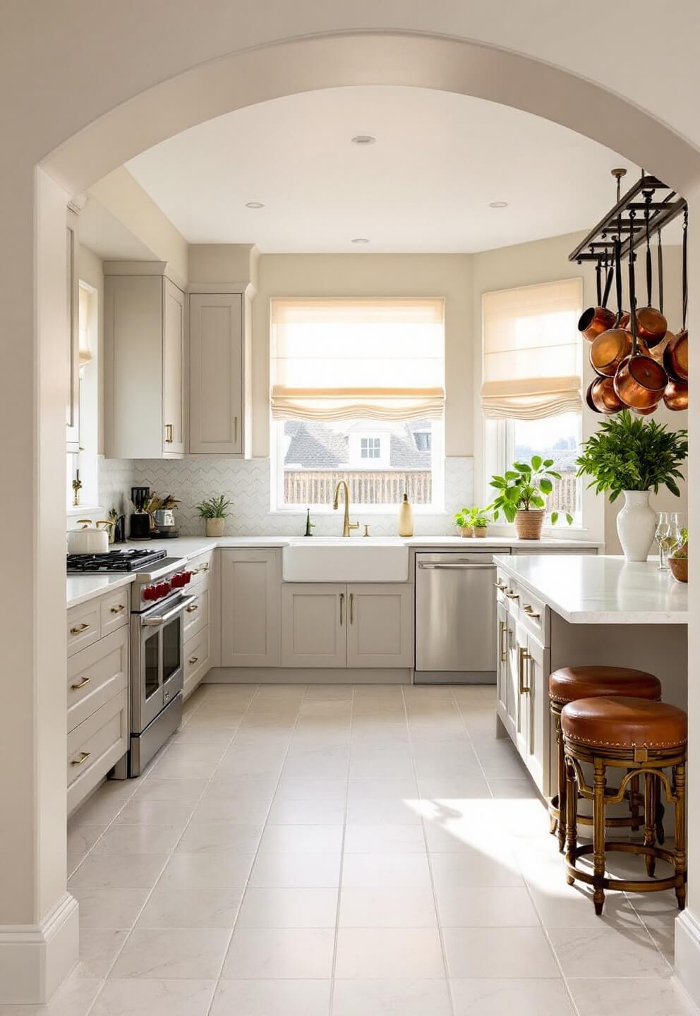 Warm greige kitchen interior, lit by golden hour sunlight through Roman shades, featuring taupe cabinets, quartzite counters, dimensional tile backsplash, vintage copper pots, and leather-wrapped bar stools.