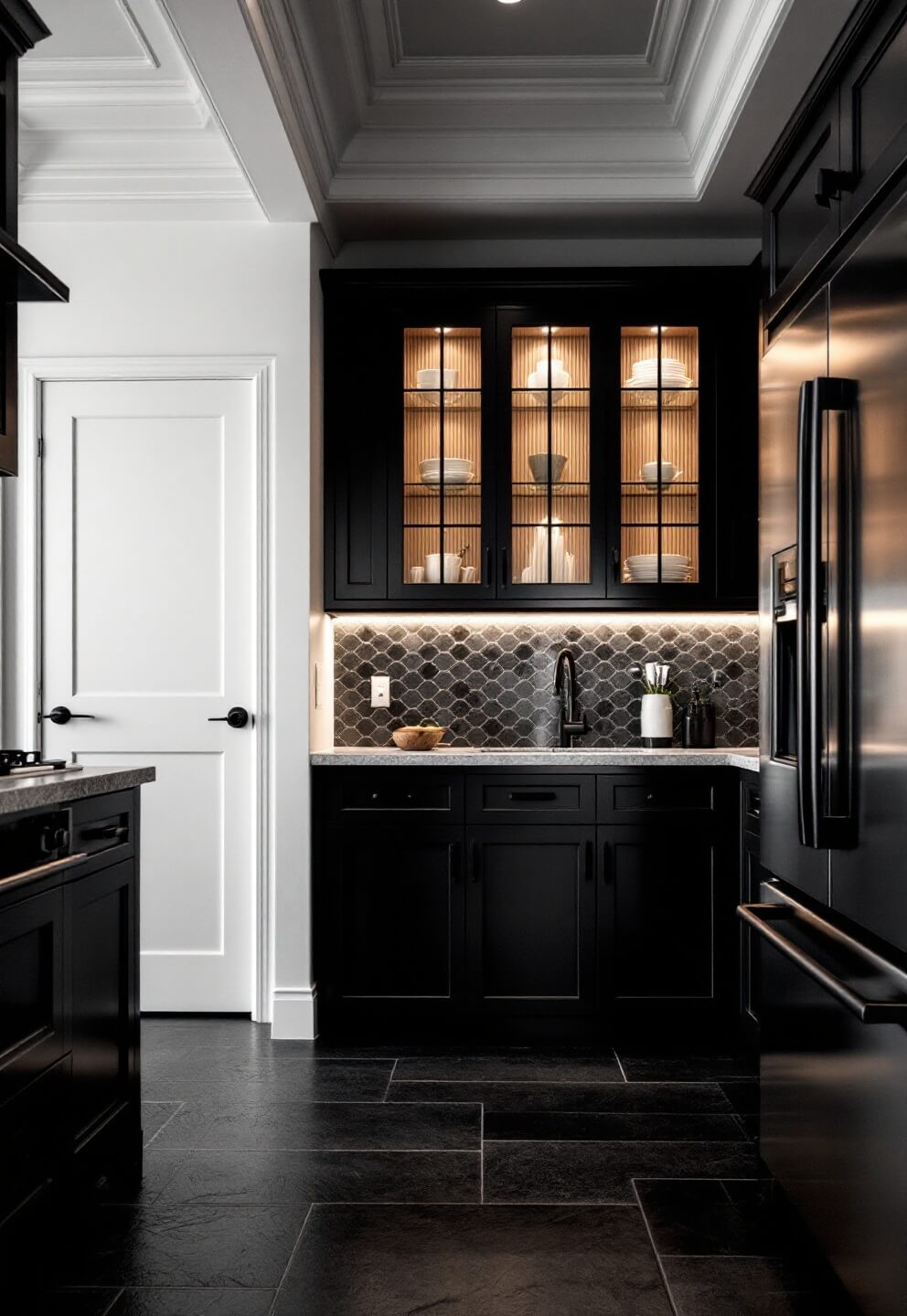 A moody charcoal 15x15ft kitchen featuring a coffered ceiling, dusk lighting with under-cabinet illumination, graphite cabinets with lighter gray quartz counters, ribbed glass upper cabinets with inside lights, blackened steel hardware, matte black faucet, textured slate floor tiles, and dramatic ceiling detail in a low angle shot.