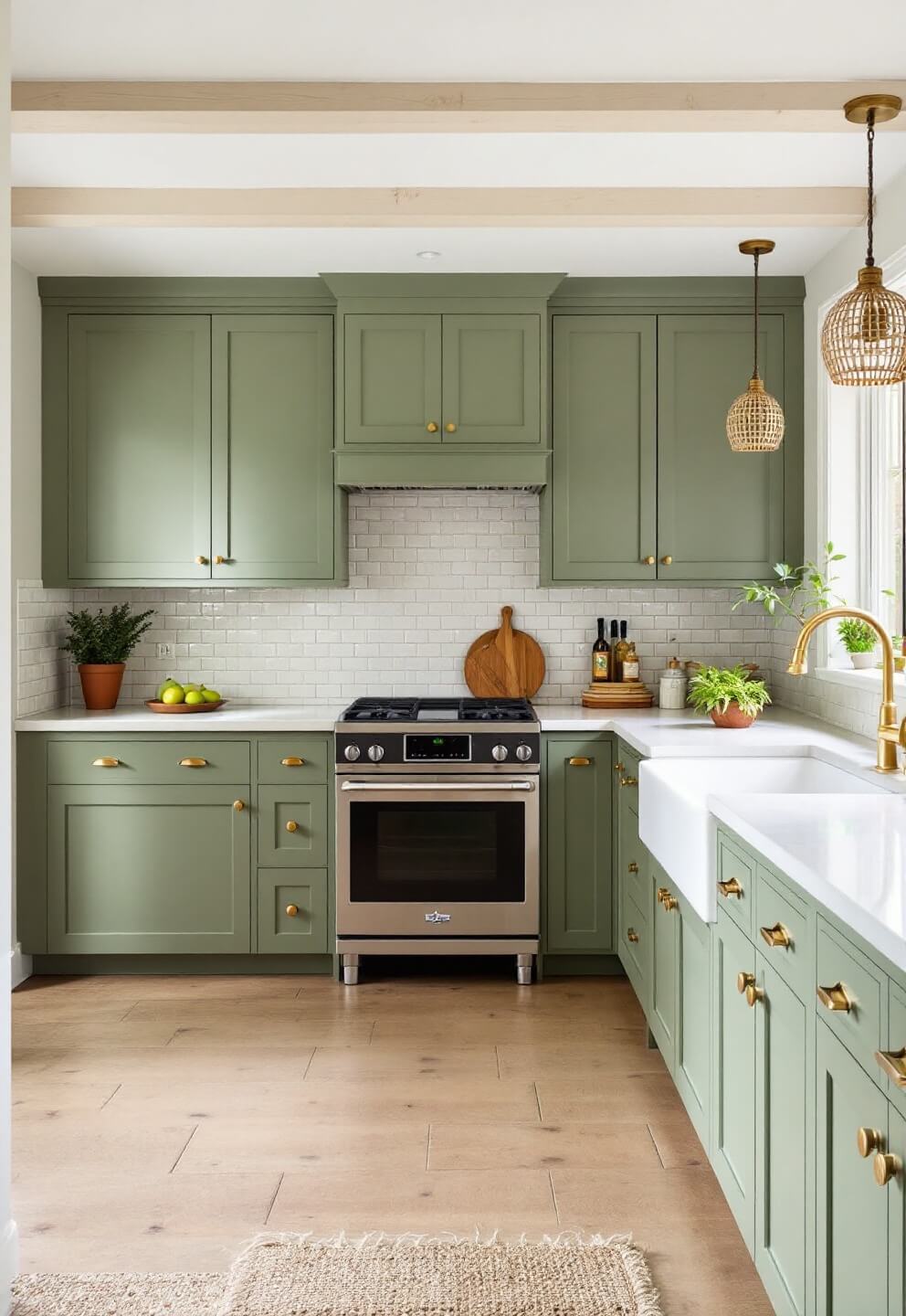 Sage green kitchen with beamed ceiling, diffused mid-morning light reflecting on soapstone counters, handmade ceramic tile backsplash, brass accents, and living herbs in terra cotta.