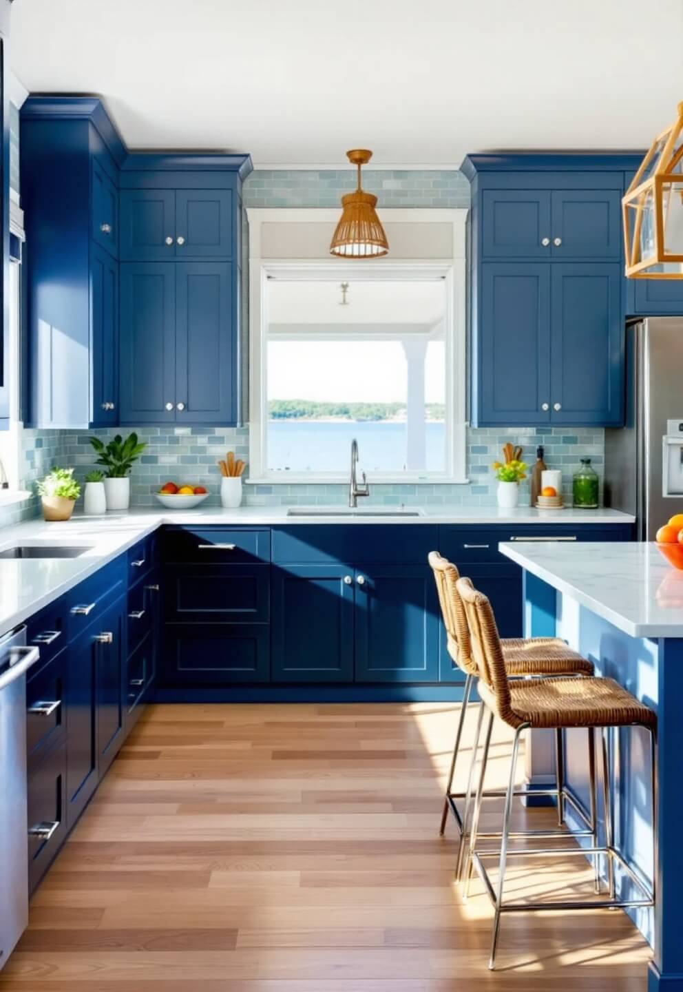 Bright, open-concept coastal kitchen with gradient blue cabinets, white marble counters, glazed ceramic blue backsplash, rattan seating, and polished nickel hardware, showcasing indoor-outdoor flow