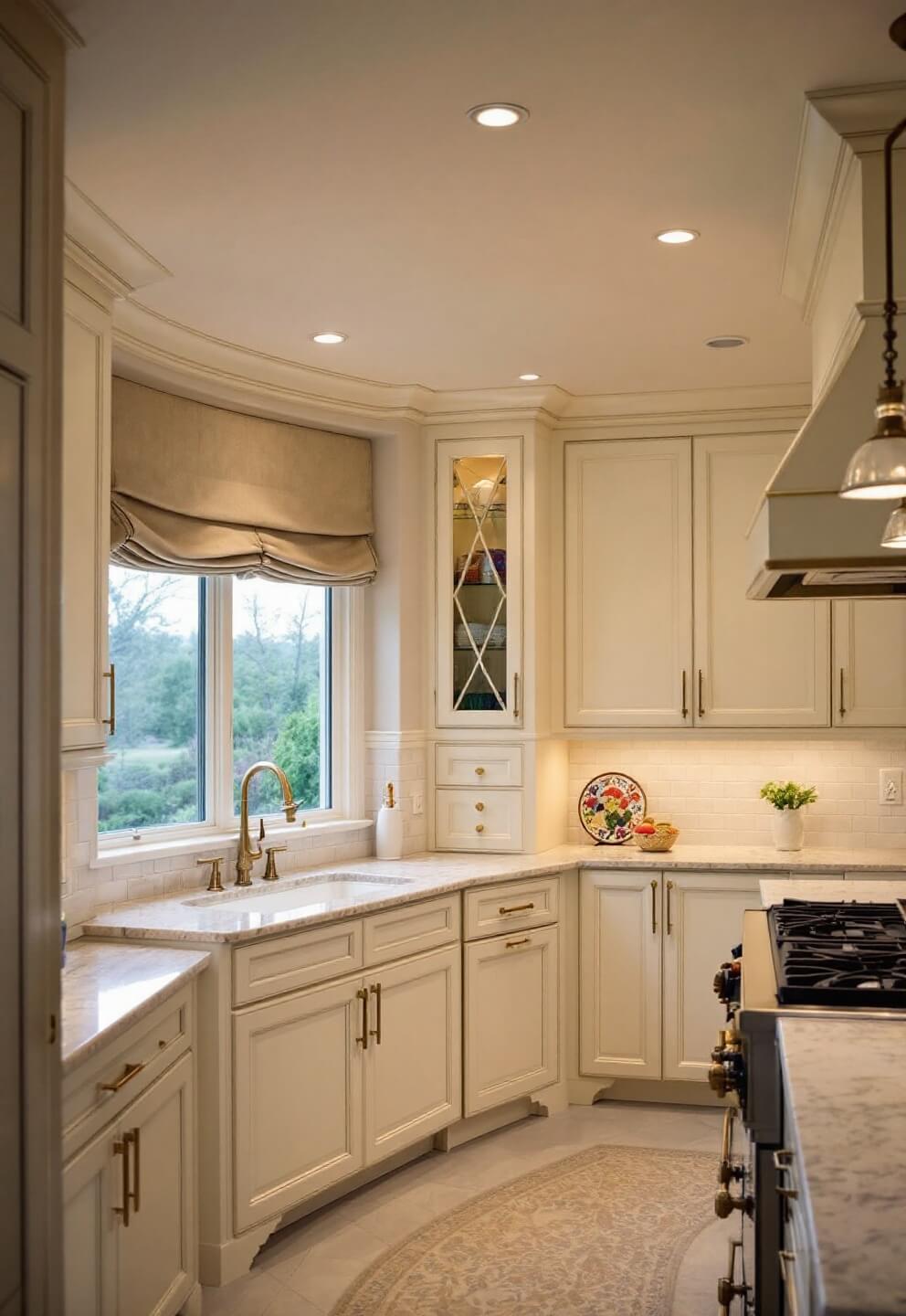 Overhead view of a sophisticated 17x13ft cream kitchen with barrel ceiling, buttercream cabinets with antique mirror accents, crema marble surfaces, arabesque tile backsplash and antiqued brass hardware under soft evening light and dramatic spotlighting.