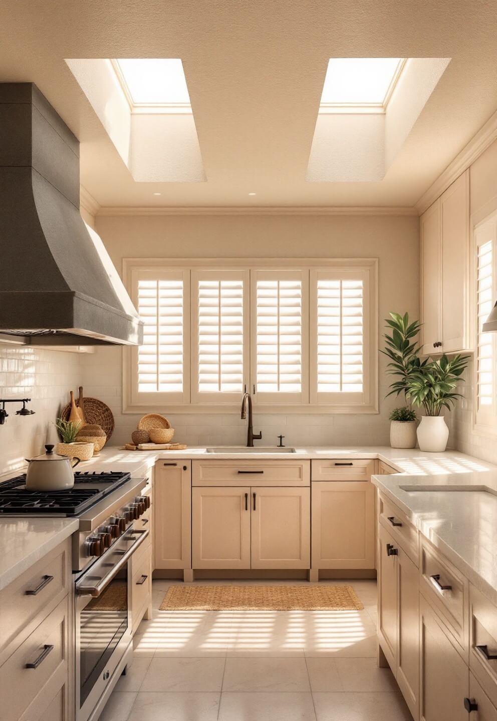 Desert beige kitchen interior with graduated sand-toned cabinets, limestone counters and backsplash, bronze accents, clerestory windows with shutters filtering midday sun, and handwoven basket decor.