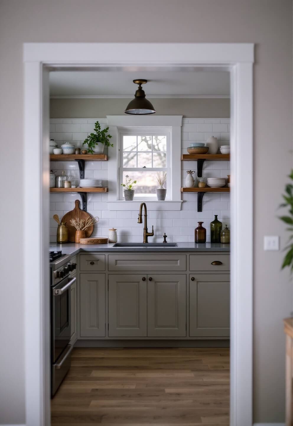 Modern farmhouse kitchen at dusk featuring dove gray cabinets, white tile backsplash, soapstone counters, aged brass fixtures, and open shelving with artisanal pottery, shot through a doorway frame.