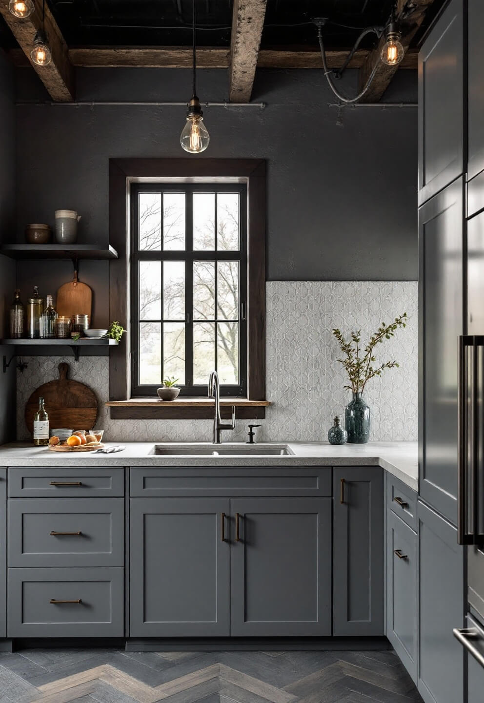 Cool gray industrial-style kitchen with steel gray cabinets, concrete counters, geometric tile backsplash, blackened steel open shelving, chrome and glass lighting fixtures, and slate herringbone patterned floor