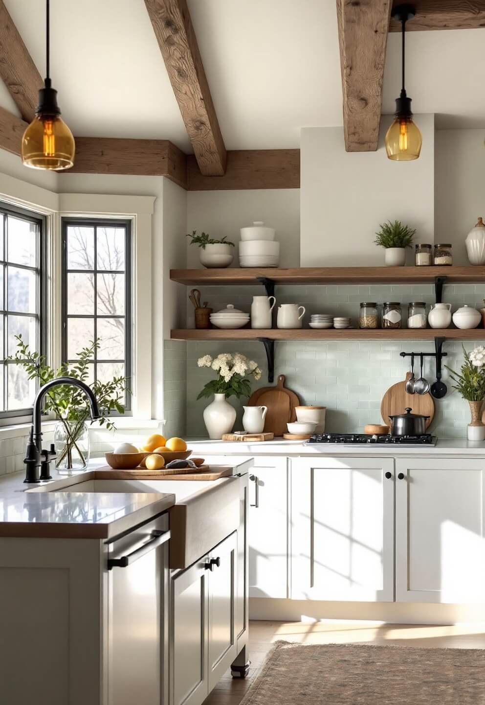 Modern farmhouse kitchen with morning light, sage green zellige tile backsplash, white shaker cabinets, butcher block top island with amber glass pendants, and artfully arranged open wooden shelving