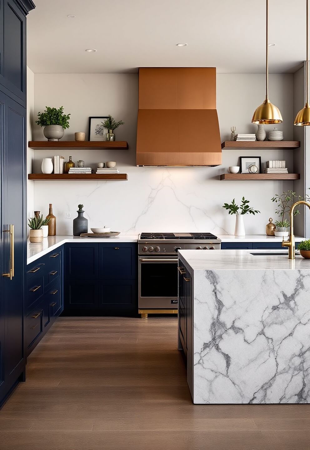 Sleek modern kitchen with navy blue cabinets, brass hardware, white marble countertops, copper range hood, LED lit quartzite island and floating walnut shelves, bathed in warm golden light during golden hour.