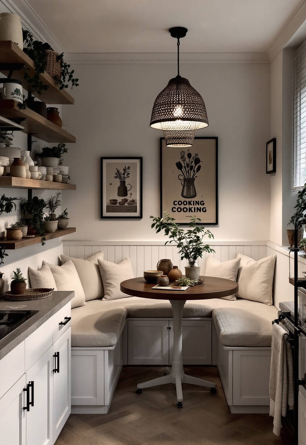 Scandinavian kitchen nook with oatmeal linen banquette, white oak shelves with vintage prints, matte white cabinets, concrete countertops, earthenware vessels, and potted herbs at dusk