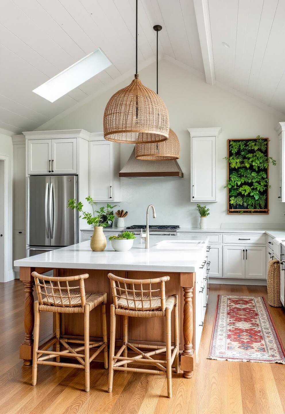 Aerial view of a sunlit, spacious California kitchen with a vaulted ceiling, white oak cabinets with soapstone counters, a large island with rattan barstools, oversized pendant lights, a vertical herb garden, and a colorful vintage runner.