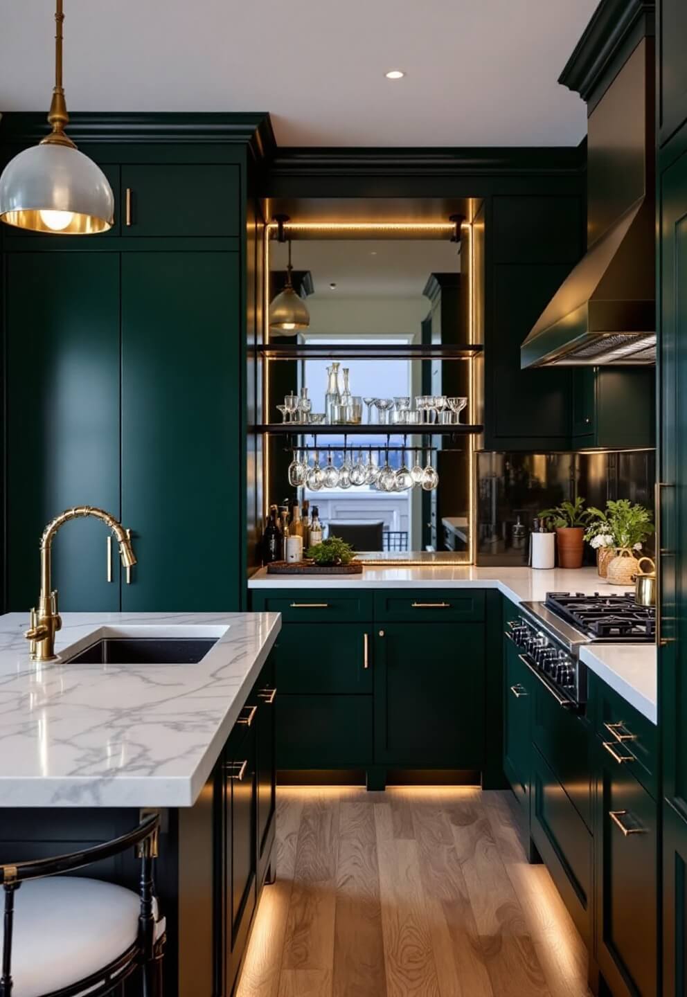 Elegant twilight townhouse kitchen with floor-to-ceiling deep green cabinets, antique brass hardware, mirror backsplash, a floating blackened steel bar shelf, under-cabinet lighting, and a small marble-topped island.