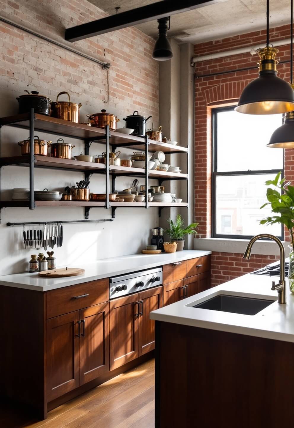 Sunny industrial loft kitchen with exposed brick, concrete columns, black steel-framed windows, steel shelving with copper cookware, soapstone counters, walnut cabinets, vintage pendants over prep area, and a magnetic knife strip. Shot from corner angle.