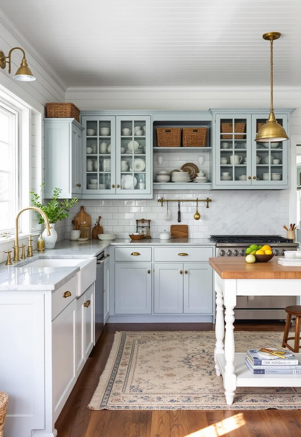 Coastal cottage kitchen with blue-grey cabinets, marble subway tile backsplash, butcher block island, and painted wood floors illuminated by natural light.