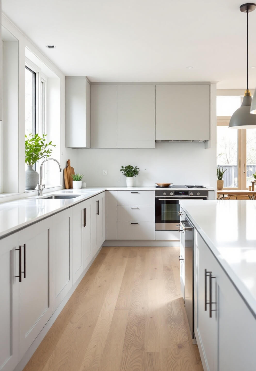 Minimalist contemporary kitchen with light gray cabinets, white quartz surfaces, integrated appliances, floor-to-ceiling windows and pale oak flooring in bright daylight