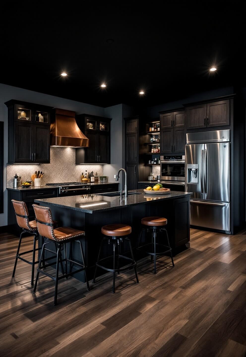 Moody masculine kitchen at night featuring dark-stained oak cabinets, leathered granite counters, floating shelves displaying whiskey, and dramatic LED lighting