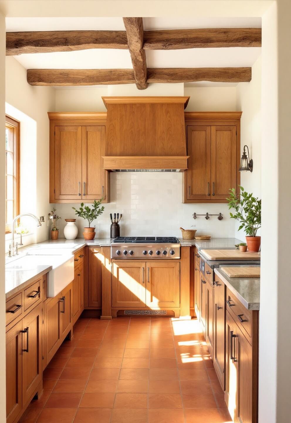 Mediterranean-inspired kitchen with terracotta floors, plastered walls, custom oak cabinets, limestone counters, and potted olive trees in warm afternoon light