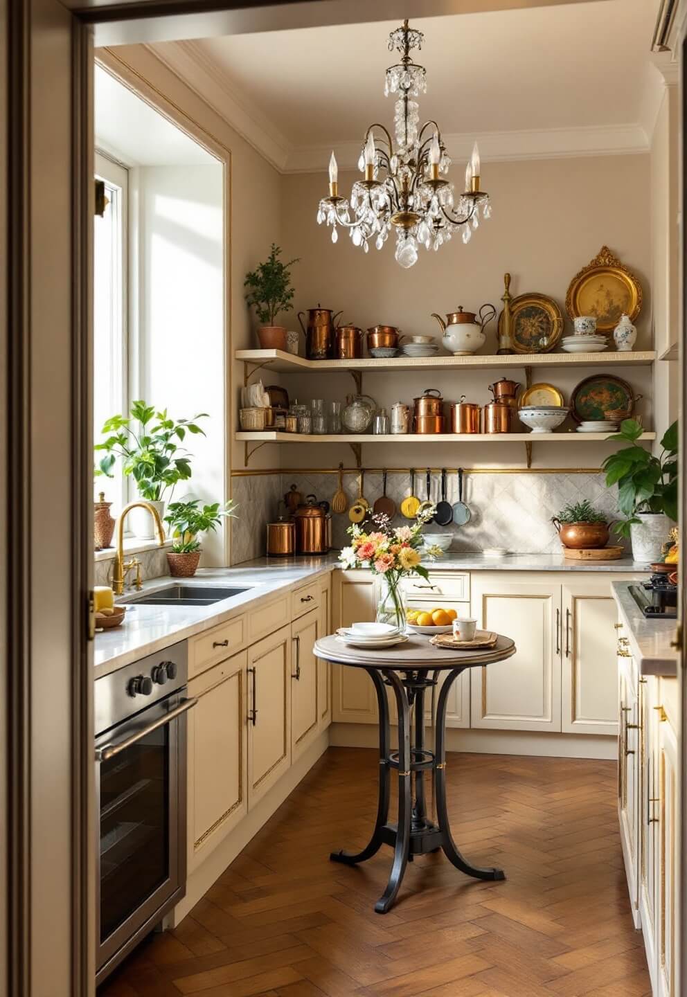 Small Parisian kitchen with herringbone wood floors, marble counters, cream cabinets with gold leaf details, mirrored backsplash, and crystal chandelier above a breakfast table, filled with copper pots, vintage china, and gilt-framed art in soft morning light.