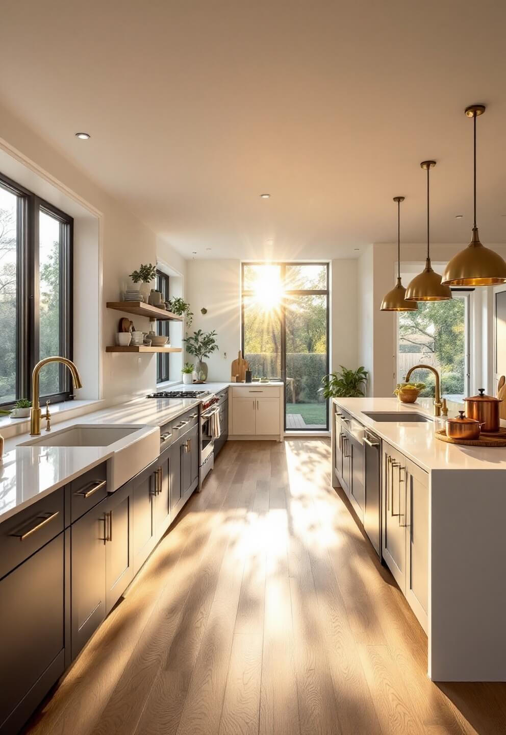 Sun-filled modern kitchen with floor-to-ceiling windows, white quartz countertops, charcoal cabinets, brass hardware, copper cookware, a prominent waterfall island, and white oak flooring during the golden hour