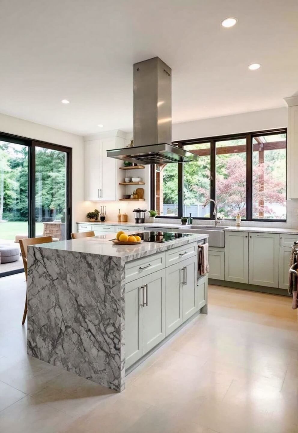 Open-concept kitchen-living space with gray quartz island, white and sage green cabinets, and large sliding glass doors providing natural light