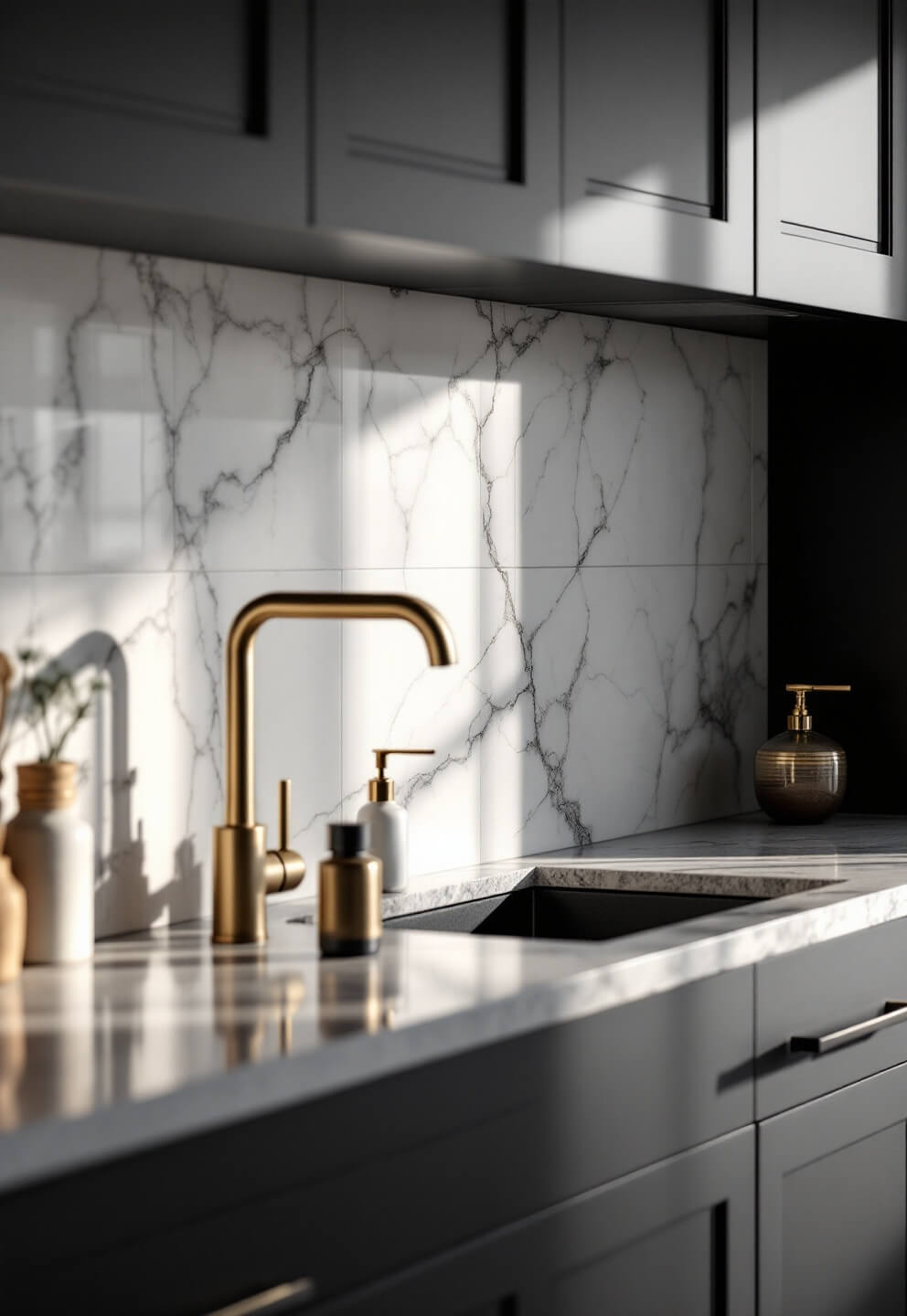 Close-up view of a modern kitchen showcasing the contrast between large-format, marble-look porcelain tile backsplash and matte black cabinets, further highlighted by mixed metallic elements and casting dramatic shadows in the late afternoon light.