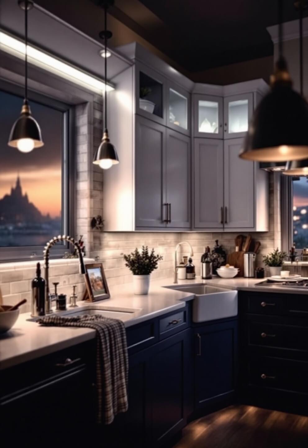 Dramatic evening kitchen view with layered lighting design, featuring under-cabinet LEDs, pendant lights, focused task lighting over the cooktop, and accent lights on architectural details, set against dark navy kitchen cabinets