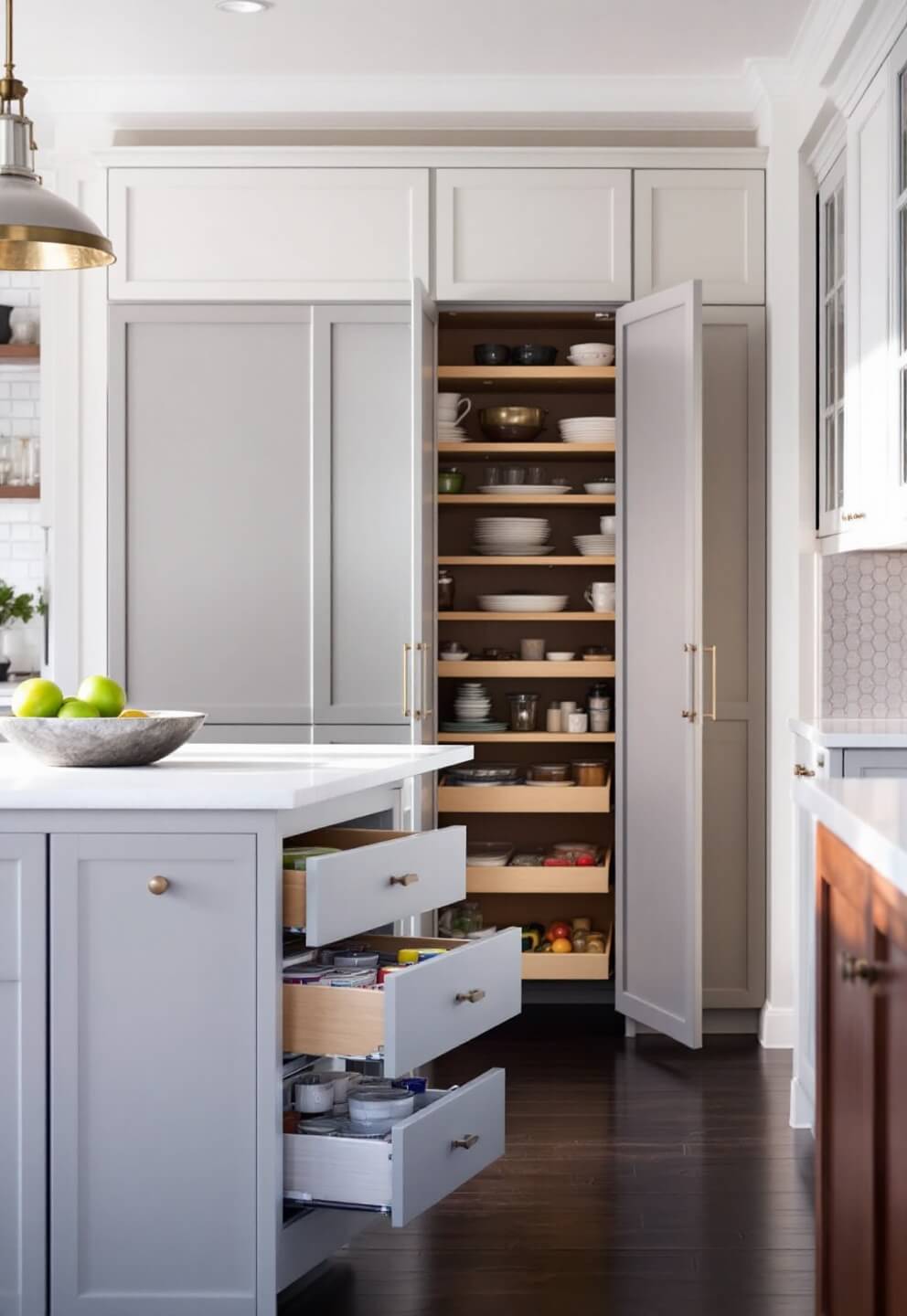 Kitchen interior with floor-to-ceiling pantry, pull-out systems, custom drawer organizers, and vertical storage under soft morning light