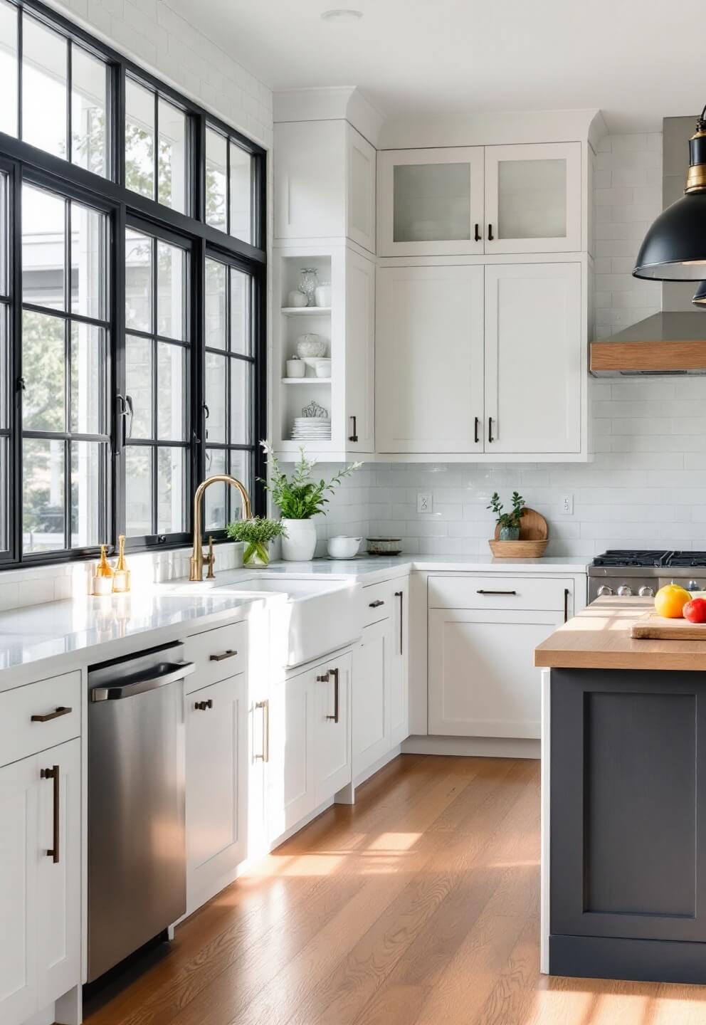 Modern white kitchen with black steel-framed windows, warm wood accents, brass fixtures, and morning light over bleached oak island