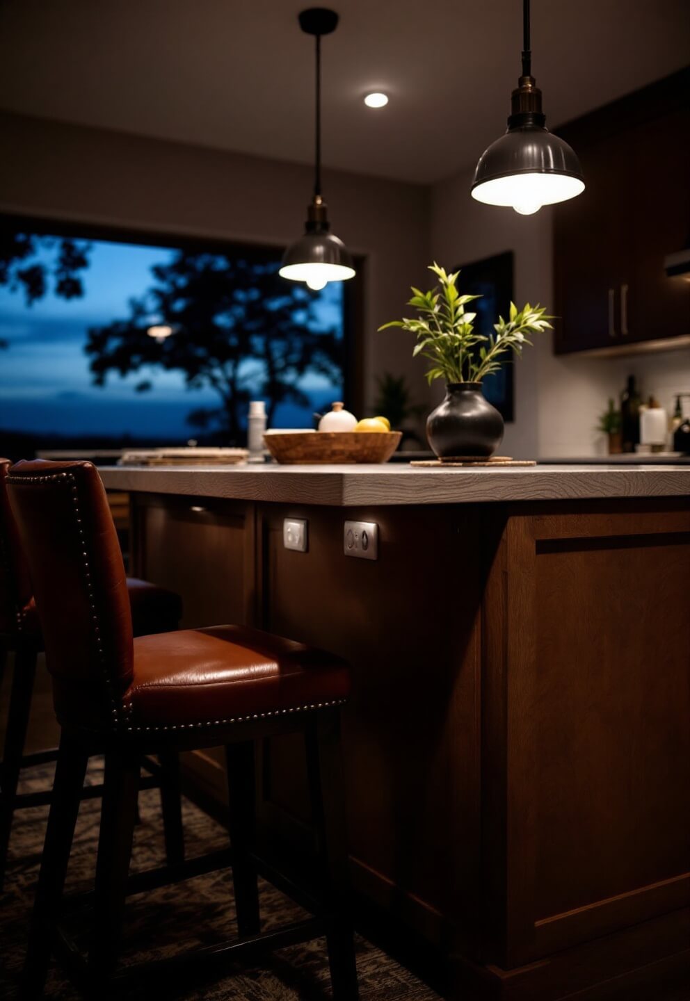 8ft kitchen island with integrated power outlets, storage, and white oak bar top, styled with leather barstools under pendant lights at dusk