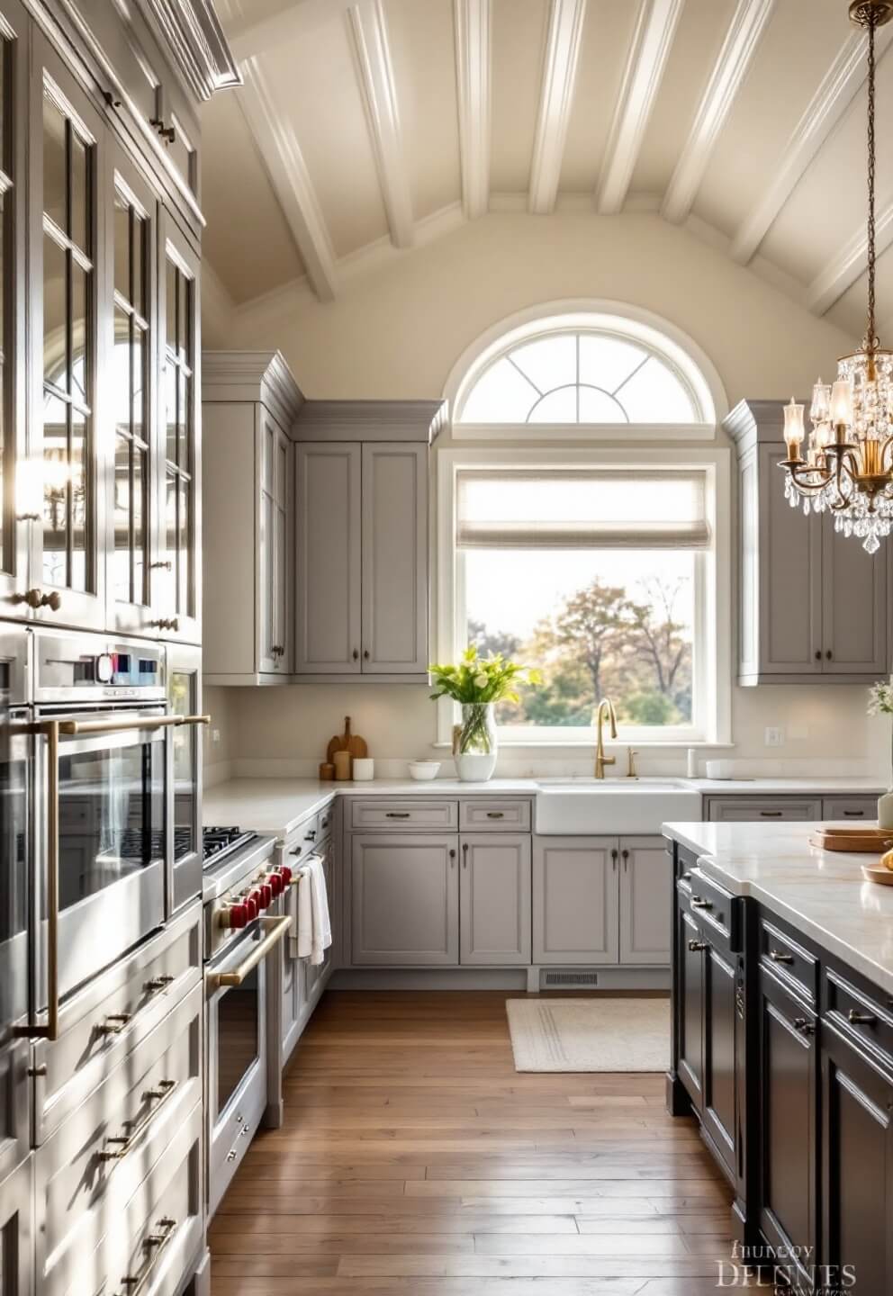 Classic kitchen with cathedral ceiling, medium warm gray cabinets, Calacatta gold marble counters, antique bronze hardware and a crystal chandelier at sunrise