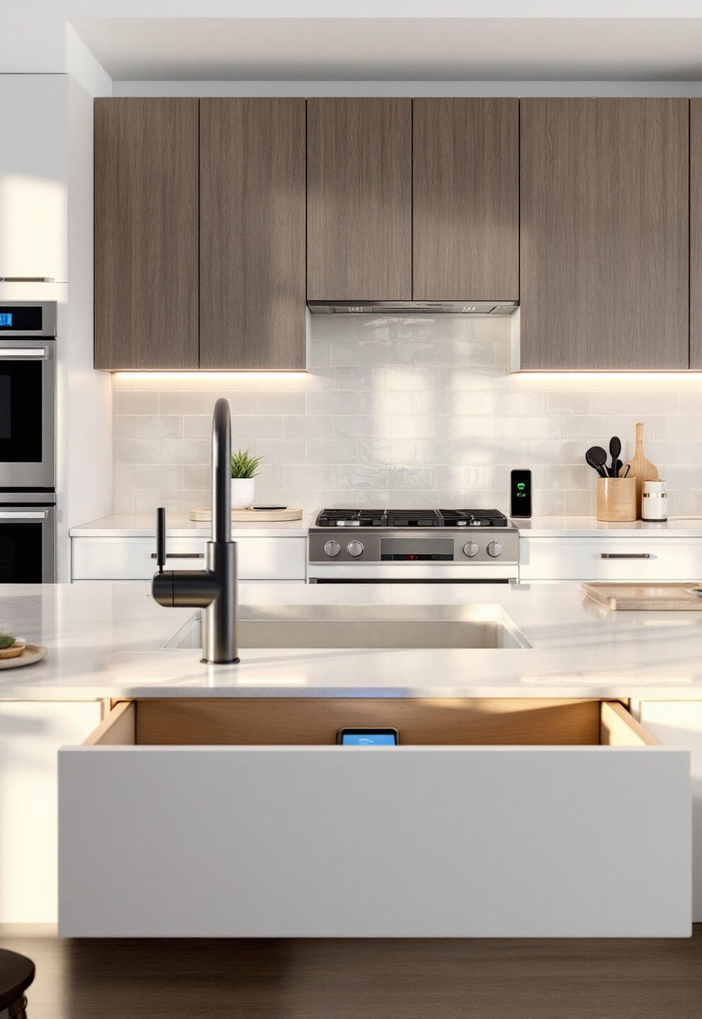 Modern tech-integrated kitchen with smart appliances and touch-activated faucet illuminated by cool morning light, featuring hidden charging station in island drawer and under-cabinet lighting