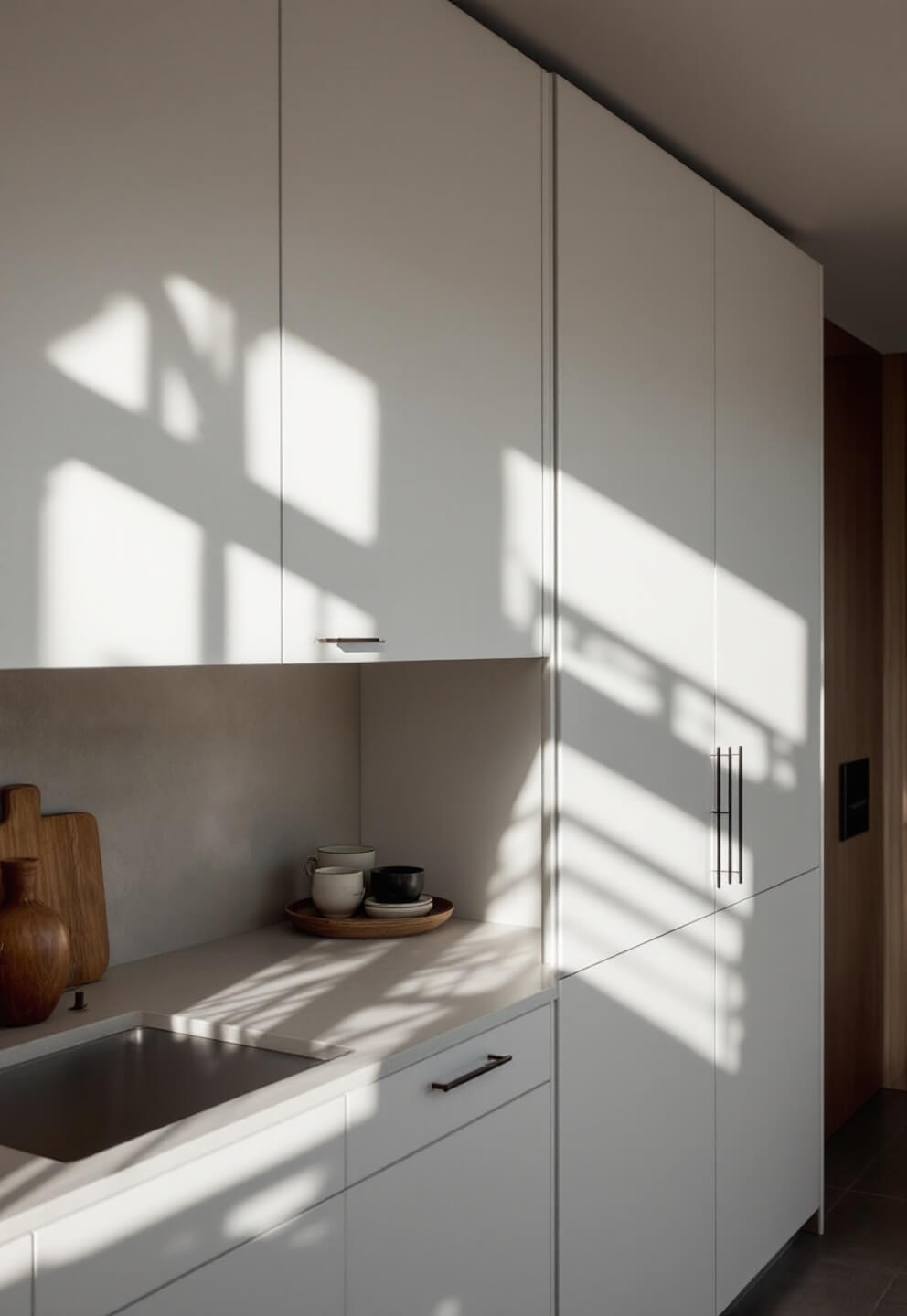 Minimalist kitchen with floor-to-ceiling matte white cabinets, single shelf with ceramics, and afternoon light casting geometric shadows.