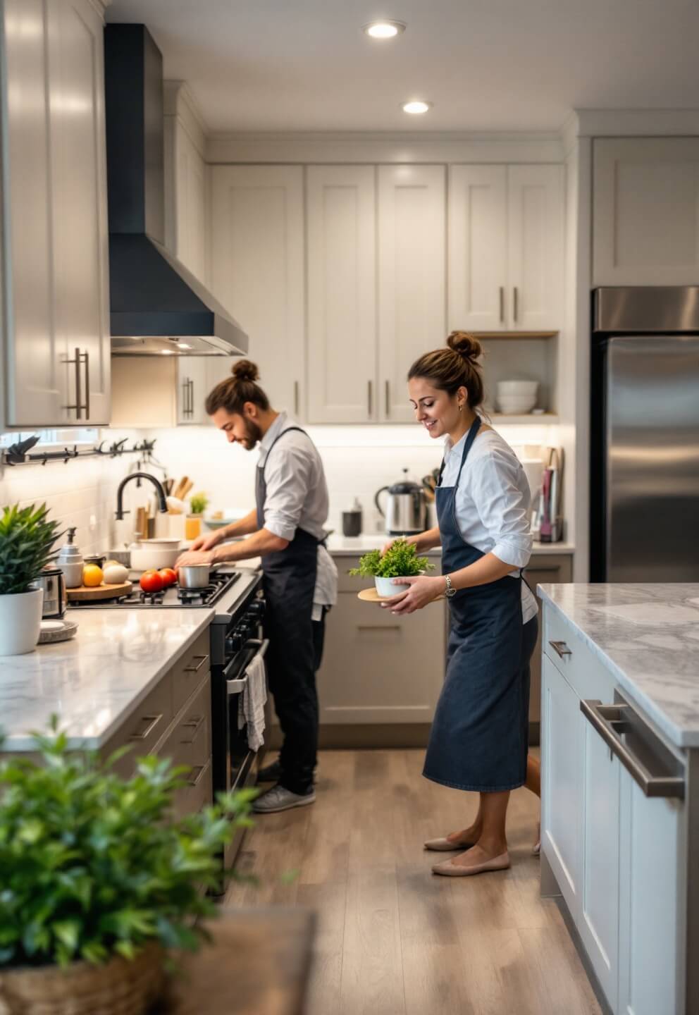 Professional kitchen scene during breakfast preparation, with efficient workflow design, stainless steel appliances, well-lit prep area, and natural stone countertops.