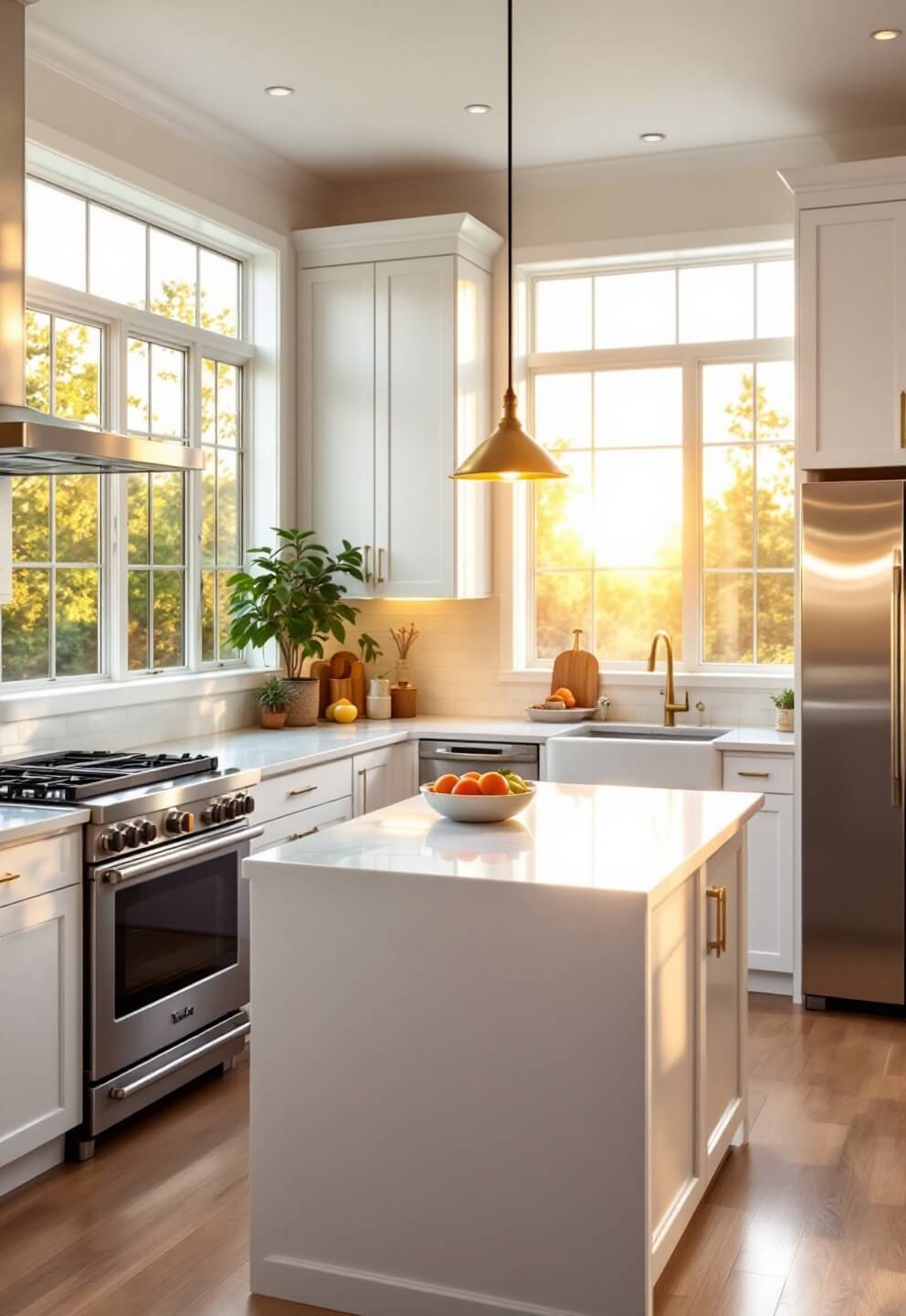 Sunlit modern chef's kitchen with quartz waterfall island, stainless steel appliances, white Shaker cabinets with brass hardware, under-cabinet LED lights, featuring a Wolf range, Sub-Zero refrigerator, and farmhouse sink at golden hour, shot from corner angle with natural depth of field.