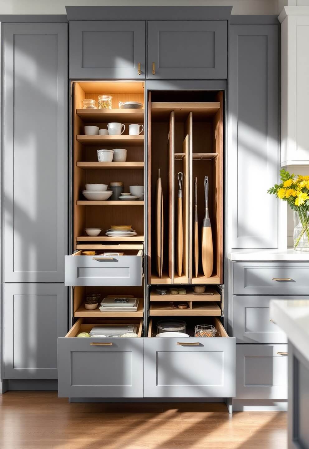 Contemporary kitchen with mid-morning light highlighting custom grey floor-to-ceiling cabinets with pull-out pantry systems, deep drawers with walnut interiors and organized compartments, and vertical dividers displaying neatly arranged cutting boards and baking sheets.