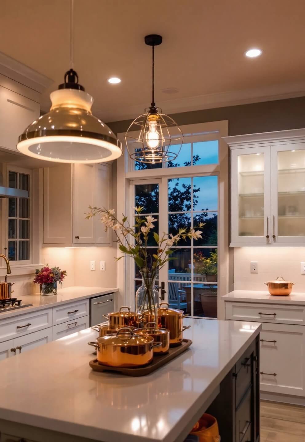 Dusk setting in a transitional kitchen with layered lighting design featuring pendant lights, under-cabinet LED strips, recessed task lighting, and accent lights highlighting a copper pot collection.