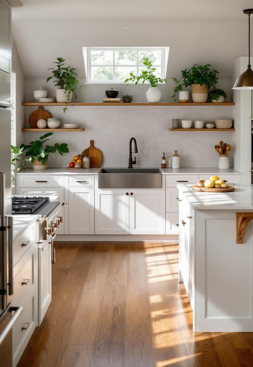 Bright kitchen with quartz countertops, hand-glazed backsplash tiles, oak flooring, and bronze fixtures, shot from a 45-degree angle in natural light.