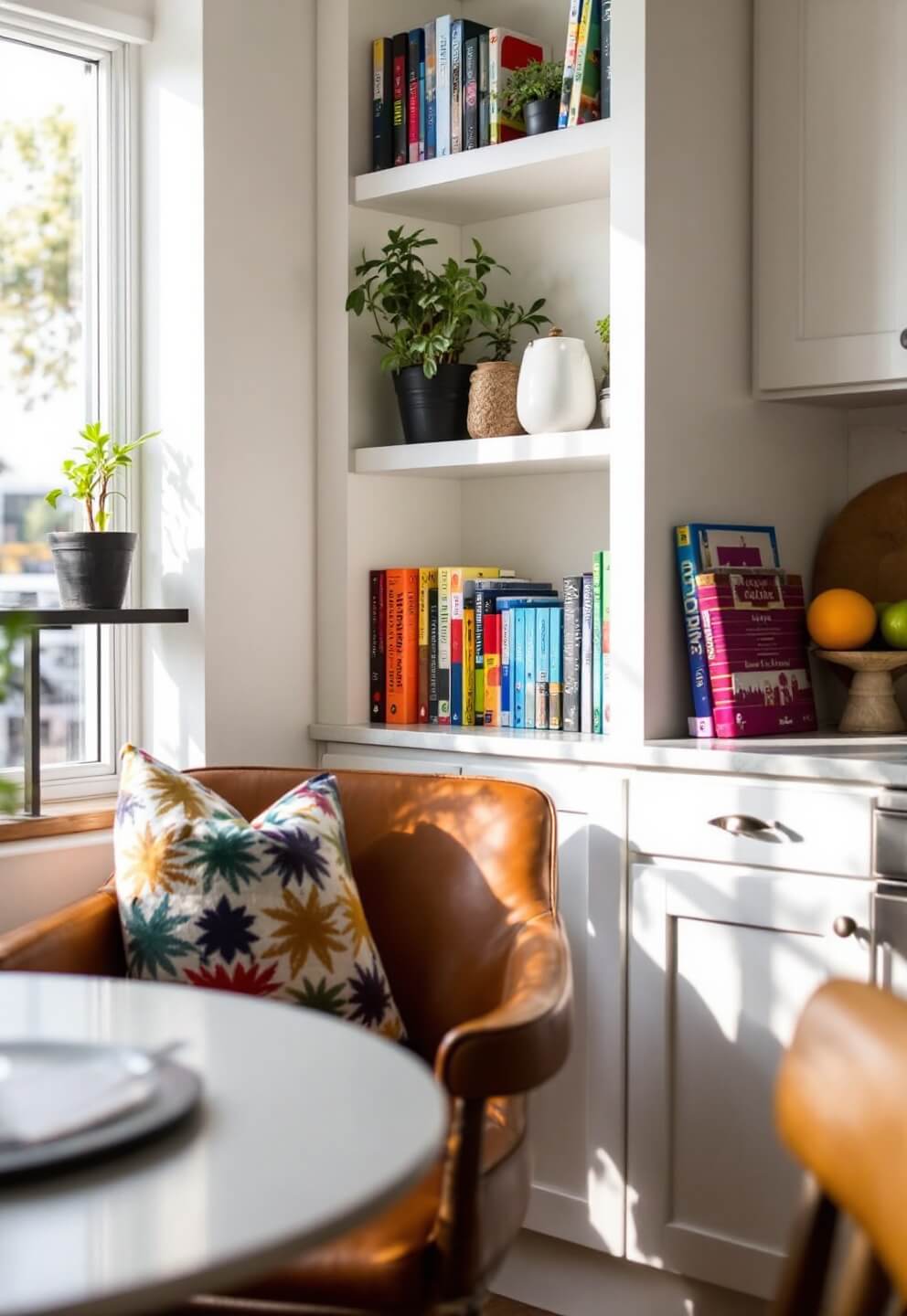 Morning sunlight highlighting a cookbook collection on built-in shelves in a modern kitchen, with a comfortable leather chair and breakfast table by the window.