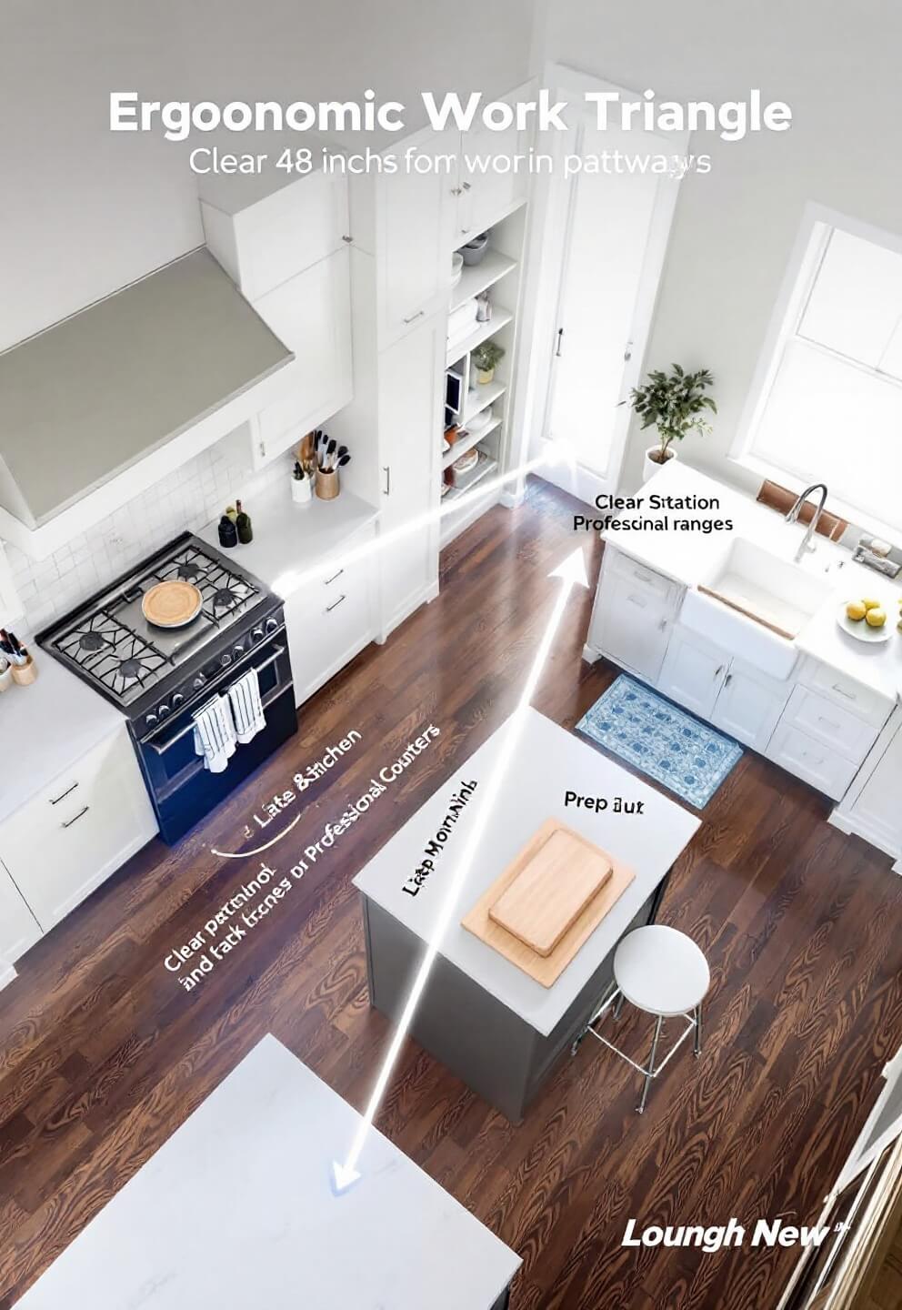 Aerial view of a kitchen layout showing ergonomic work triangle with clear 48-inch pathways between island and perimeter counters, prep station with knife block next to professional range, and a pull-out cutting board near the sink during a late morning.