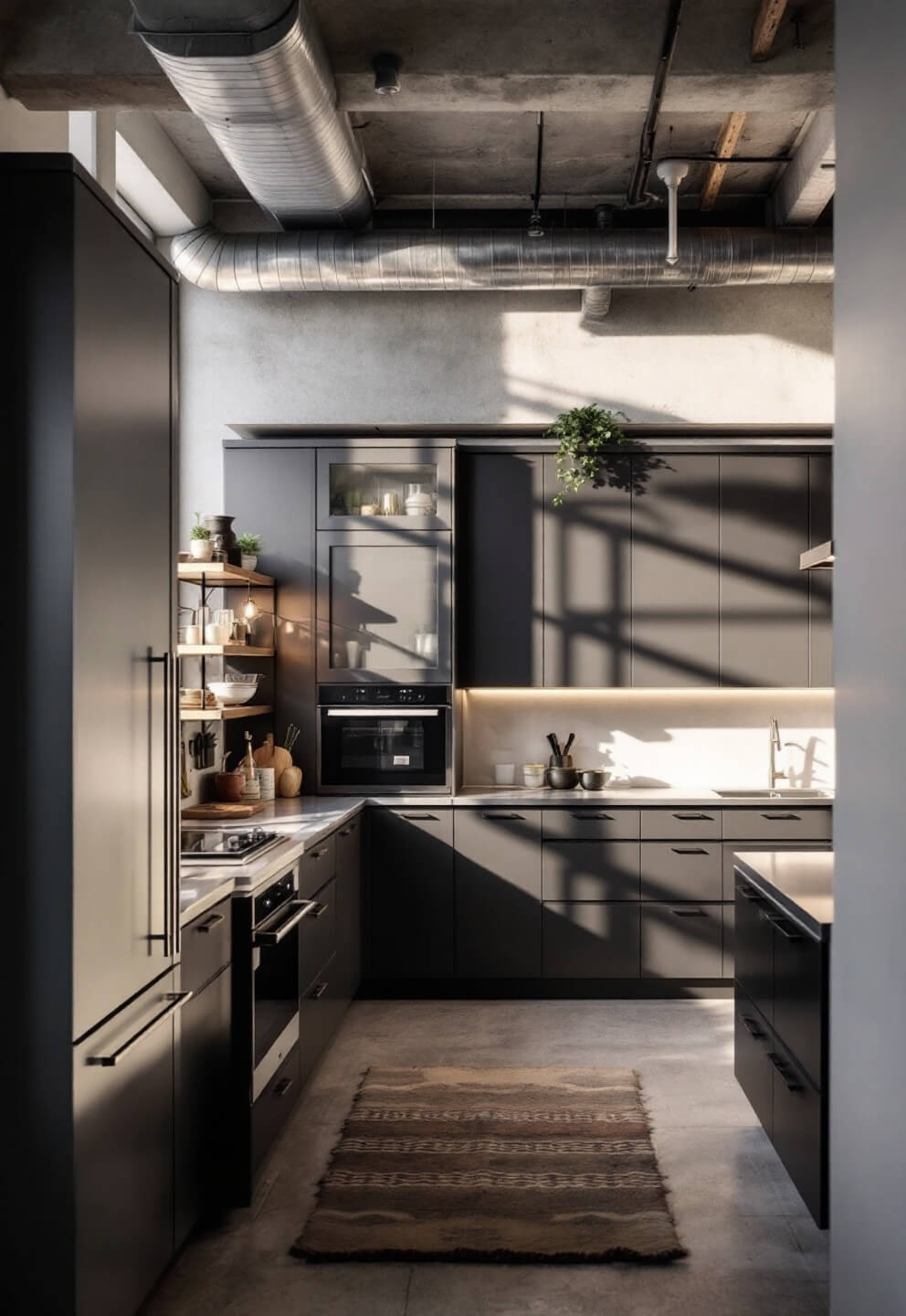 Evening light illuminating an urban loft kitchen with charcoal gray cabinets, stainless steel counters, industrial shelving, exposed ductwork, and concrete ceiling, shot from an elevated perspective.