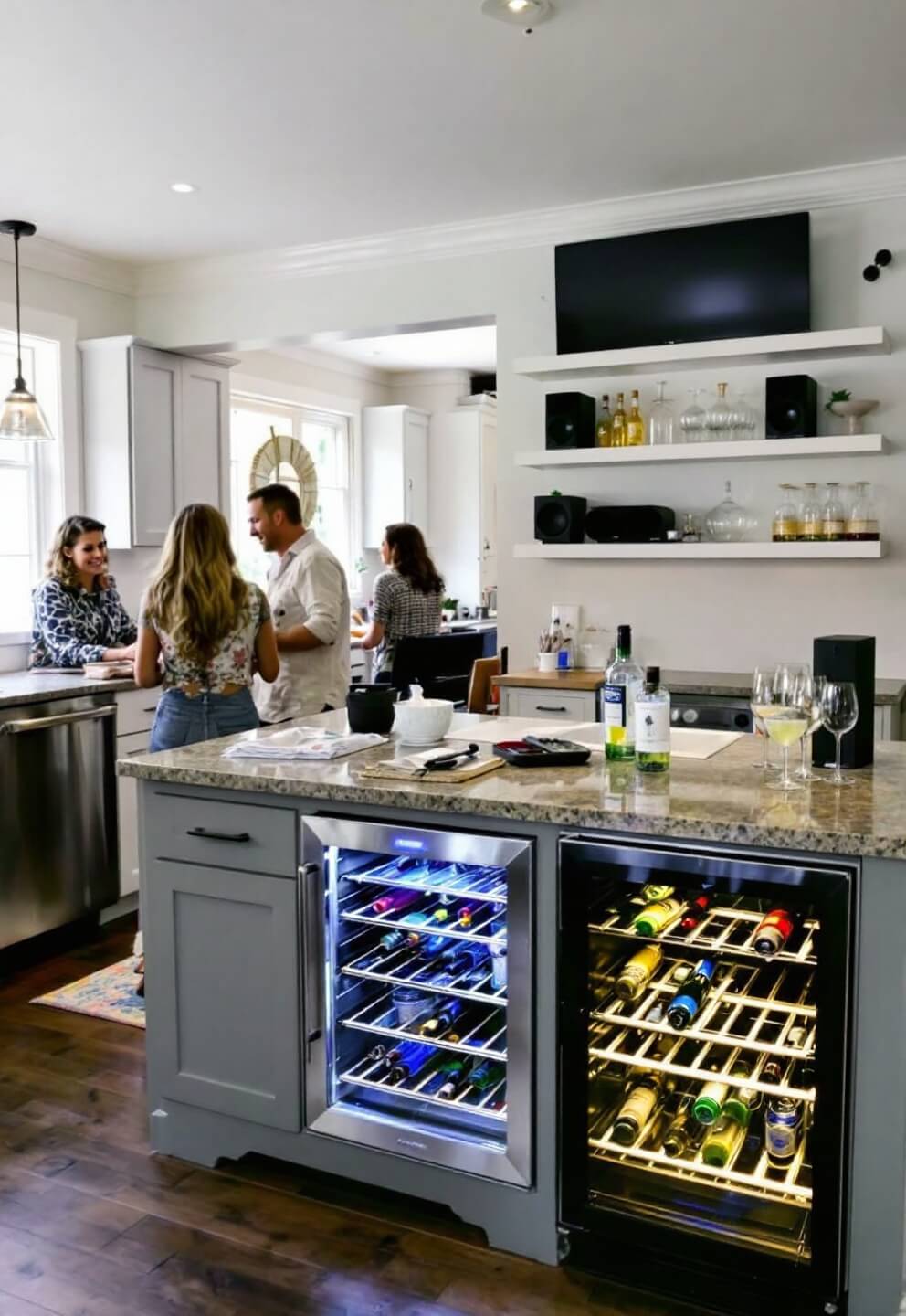 Social kitchen space with large island, bar seating, wine fridge, built-in sound, open shelving with barware, captured at standing height during cocktail hour.