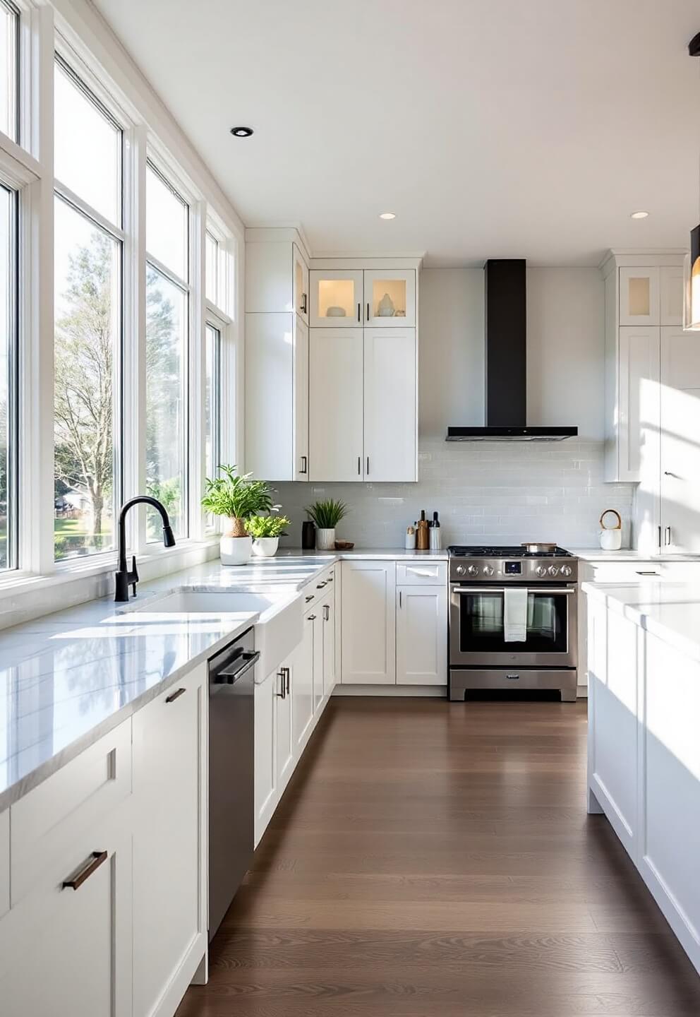 Spacious modern kitchen bathed in morning light, showcasing white cabinets, Carrara marble countertop island, matte black fixtures and state-of-the-art appliances