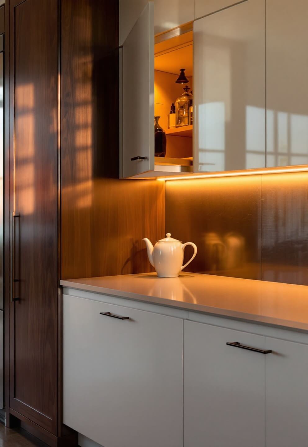 Intimate kitchen nook with rich walnut veneer cabinets, high-gloss cream upper cabinets, and a pull-out pantry, illuminated by golden hour light, focusing on cabinet textures and wood grain.